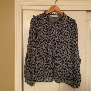 Loft Blue, light blue and off white camo blouse with ruffle on sleeve